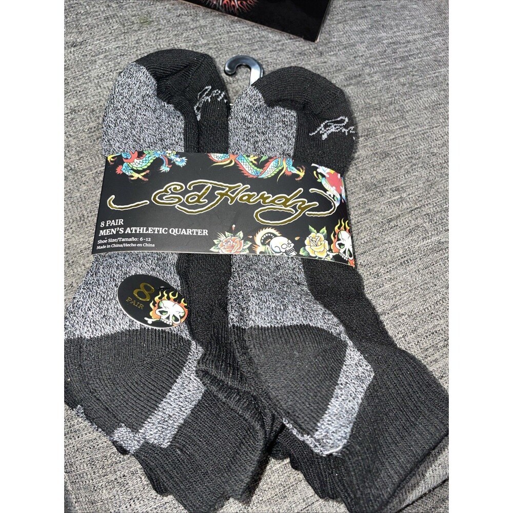 Ed Hardy Mens 8 Pair Set Athletic Low Cut Black Socks Shoe Size 6-12 New